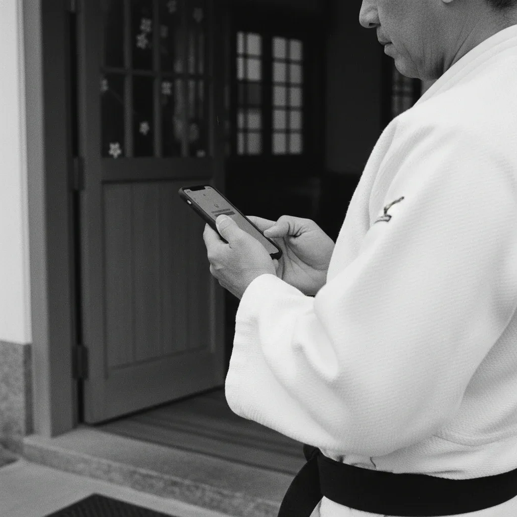 Faixa preta confere o check-in no celular na porta do dojo